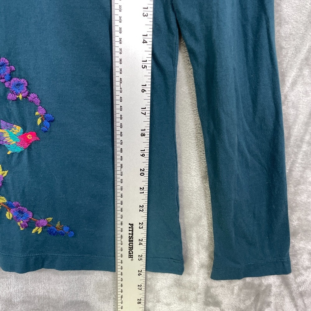Johnny Was Teal Long Sleeve V-Neck Tee with Purple Floral Embroidery - Picture 5 of 7